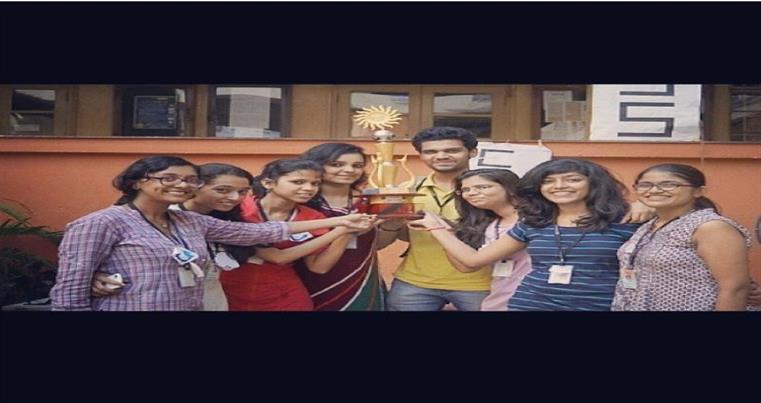 Students with winner’s trophy at Operon (Intercollegiate festival of SIES)