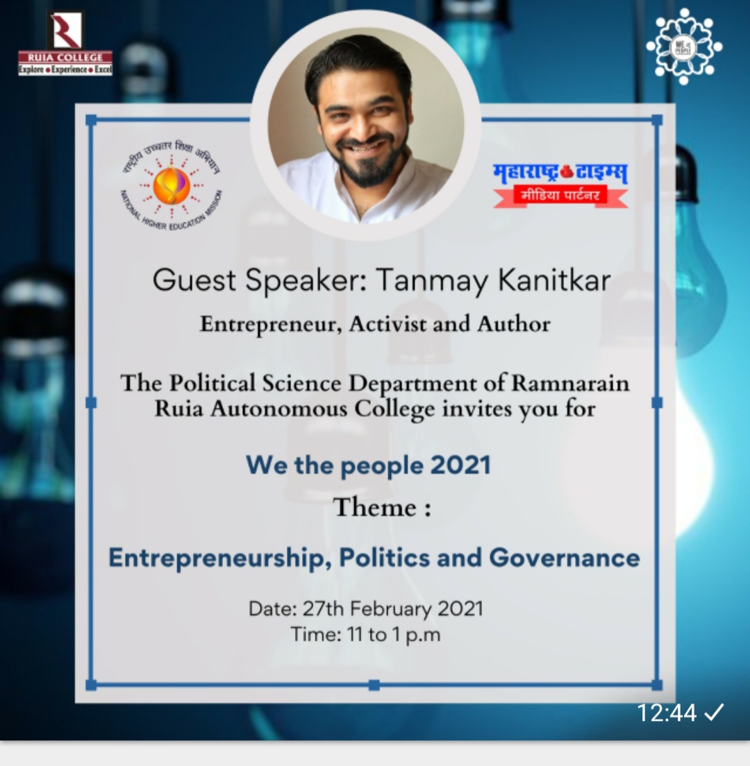Entrepreneurship, Politics and Governance' by Mr. Tanmay Kanitkar Entrepreneurship, Politics and Governance' by Mr. Tanmay Kanitkar