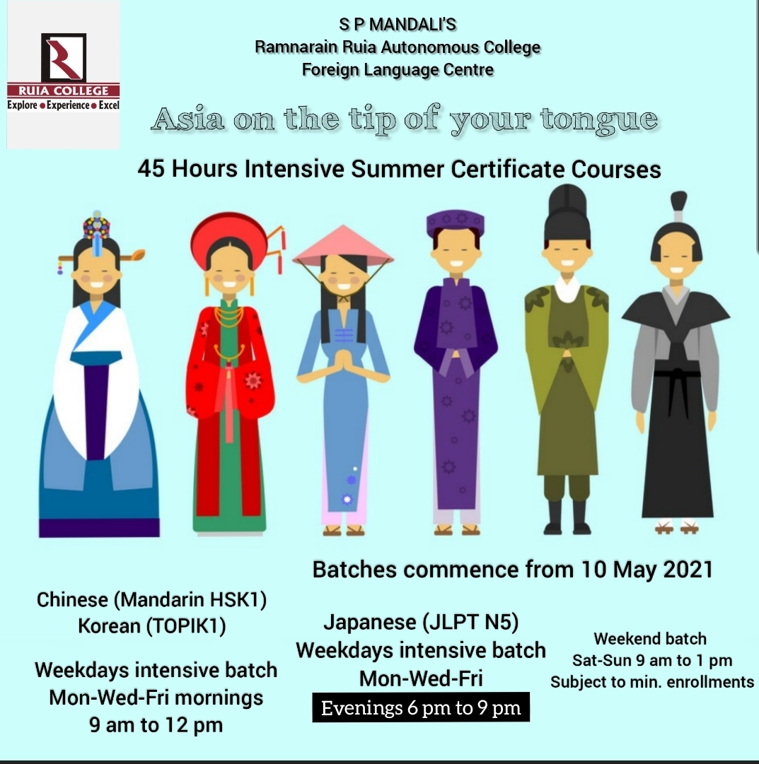 ADMISSION NOTICE – May 2021 'Asian Languages Intensive batch  Certificate Courses in Chinese/Japanese /Korean'